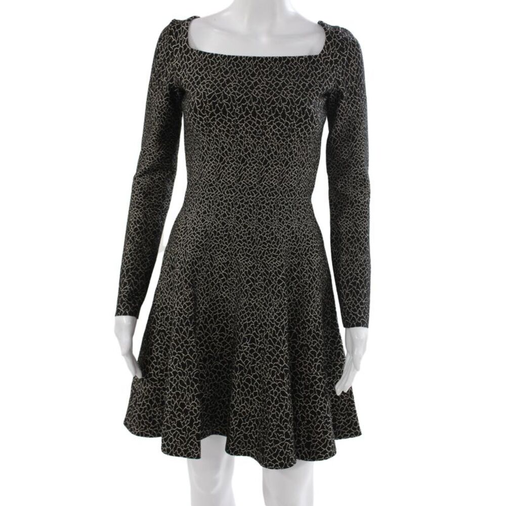 Alaia Women Fit & Flare Black Square Neck Long Sleeve Knee Length Dress Size 36